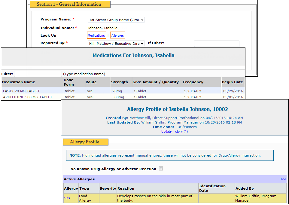 Screenshot of the Allergies/Medications link beside the Look Up option and this option appears after the Individual name is entered in the Individual Name field